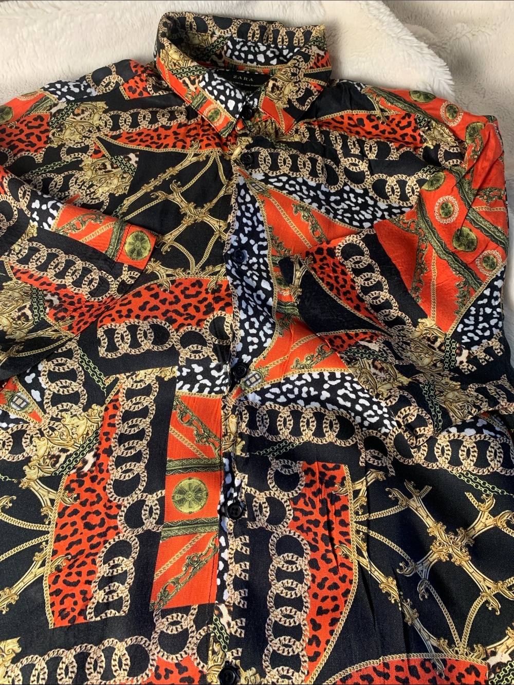 Zara Chain & Animal Print Relaxed Fit Blouse in Black, Red & Gold
